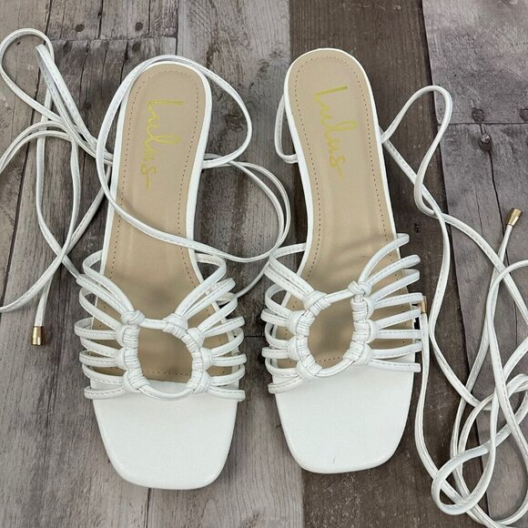 Lulu's Lace-up Strappy White Sandals Size 8.5 M Square Toe Low Block Heel - Picture 7 of 13
